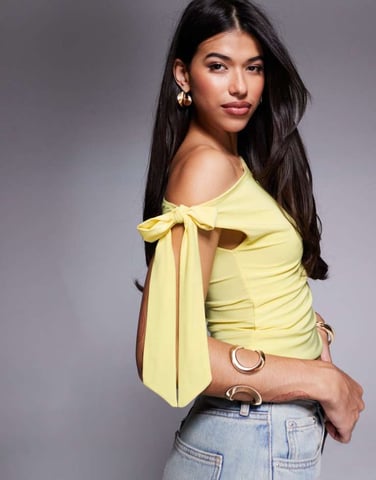 ASOS DESIGN slinky off the shoulder bow tie detail in yellow