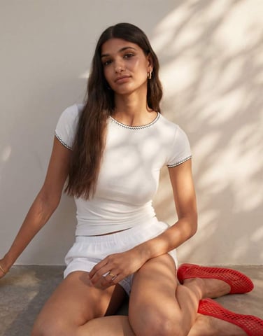 Miss Selfridge short sleeve jersey crew neck top in cream
