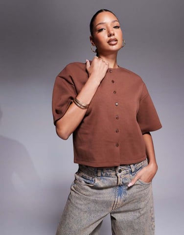 ASOS DESIGN interlock boxy shirt with button through detail in brown