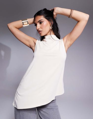 ASOS DESIGN floaty grown on neck cupro longline top in stone