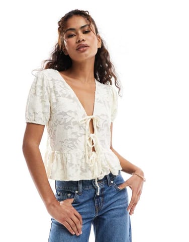 Miss Selfridge lace puff short sleeve tie front top in light beige