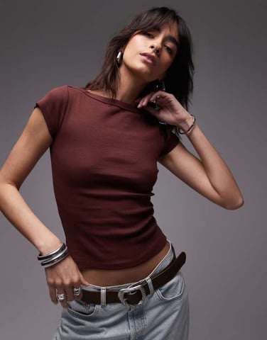 Topshop jersey slash neck cap sleeve top in burgundy