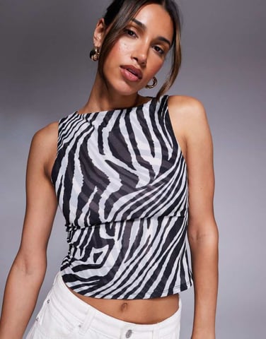 ASOS DESIGN boat neck double layer mesh top in zebra print