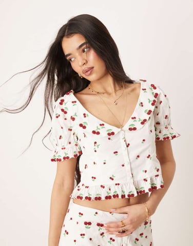 For Love & Lemons Beaded Cherries top in white and red co-ord