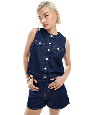 ASOS DESIGN round neck denim waistcoat co-ord in indigo