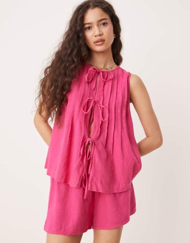 Nobody's Child Tilly tie detail linen top co-ord in pink