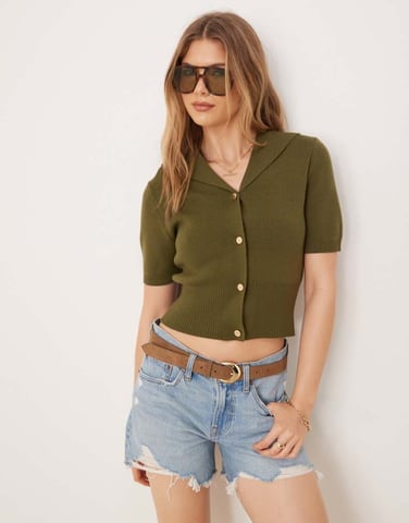 ASOS DESIGN short sleeve sailor collar cardigan in khaki