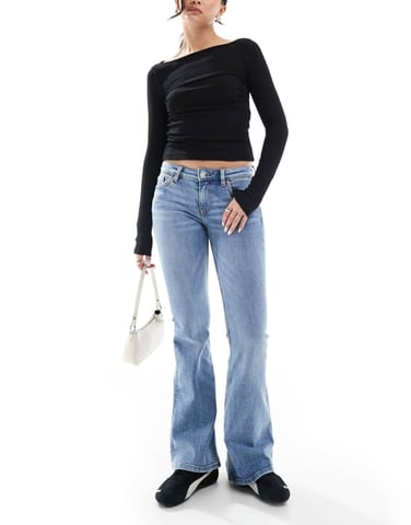 Monki Katsumi low waist bootcut flared jeans in vintage blue wash
