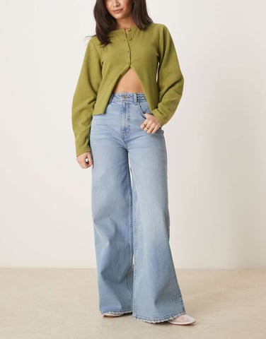 ASOS DESIGN wide leg jean with braided waist in midwash