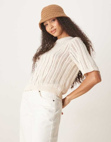 ASOS DESIGN knitted crochet look t-shirt in ecru