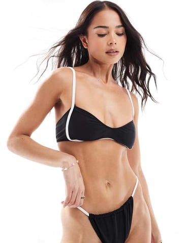 Miss Selfridge contrast bikini top in black with cream binding