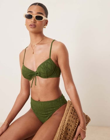 ASOS DESIGN Bertie broderie underwired bikini top in olive green