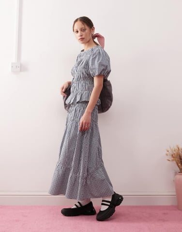 Reclaimed Vintage midi western skirt with ruching detail in blue check