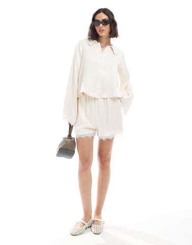 Miss Selfridge satin and lace short co-ord in ecru
