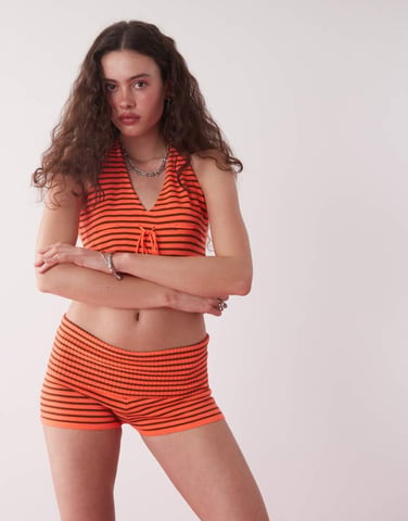 COLLUSION knitted festival stripe foldover booty short co-ord