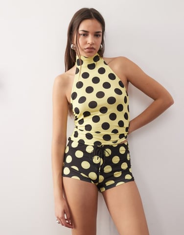 COLLUSION micro mini shorts in yellow giant spot with lace up co-ord
