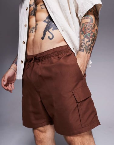 ASOS DESIGN swim shorts in mid length with cargo pockets in dark brown