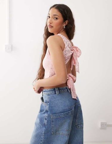 Reclaimed Vintage lace tie back tank top in pink