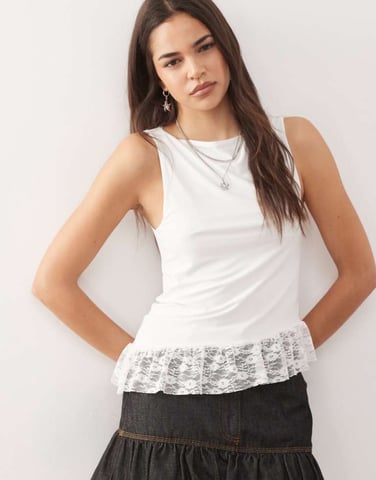 Reclaimed Vintage slash neck top with lace detail asymmetric hem in cream