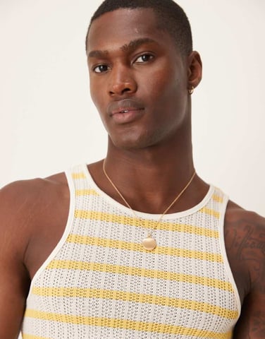 ASOS DESIGN muscle fit vest with scoop neck in textured white and yellow stripe