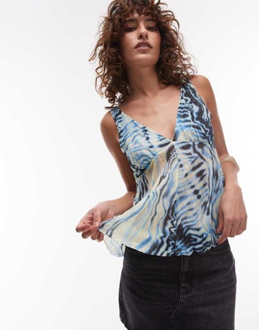 Topshop crinkle mesh print v neck top in blue
