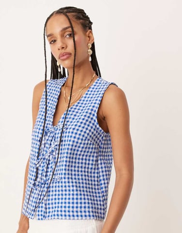 Nobody's Child Tessa tie detail sleeveless top in blue check