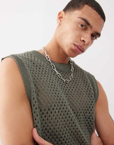 Reclaimed Vintage crochet open stitch knitted resort tank in khaki - KHAKI