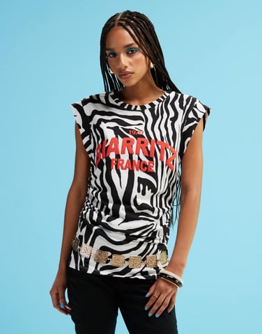 ASOS DESIGN boat neck zebra print tank with graphic