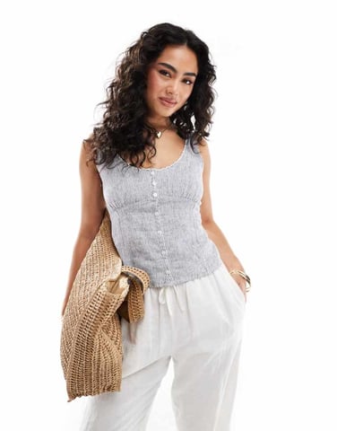 Hollister low neckline linen button through vest in blue stripe