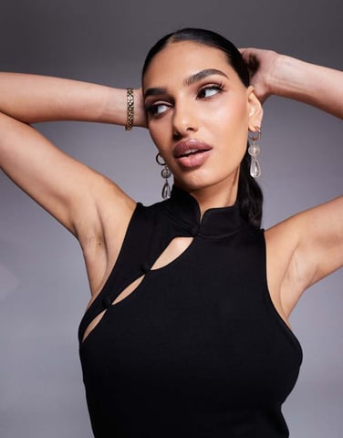 ASOS DESIGN fitted racer top with rouleau loop buttons detail in black
