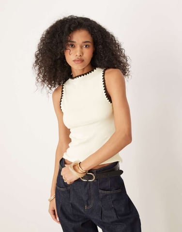 ASOS DESIGN boat neck tank with blanket stitch retail in cream