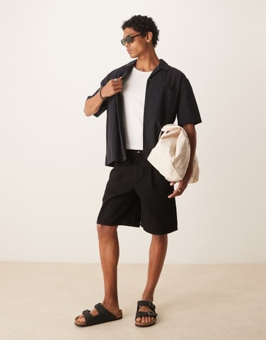 ASOS DESIGN mid length wide denim shorts with tie front in black wash