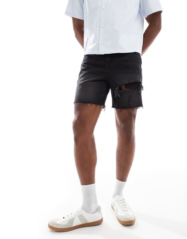 ASOS DESIGN mid length slim denim shorts with rips in wash black