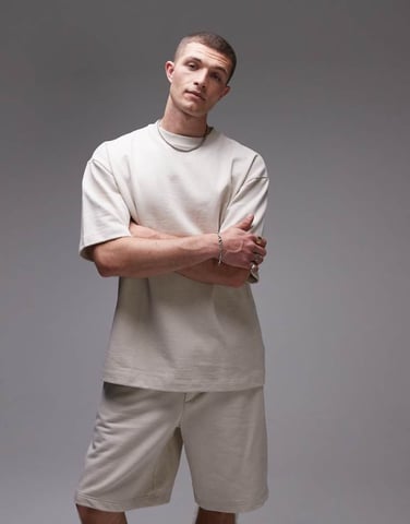Topman relaxed fit linen blend short sleeve sweatshirt in stone