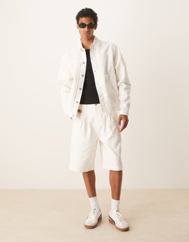 ASOS DESIGN co-ord long length denim cargo jorts with double pleats in ecru