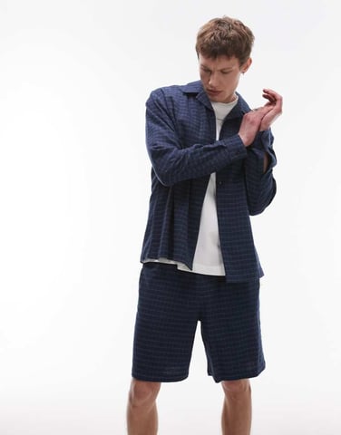 Topman blue check mid weight shorts in navy