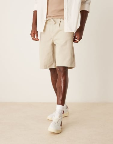 ASOS DESIGN wide mid length shorts with front tie in stone