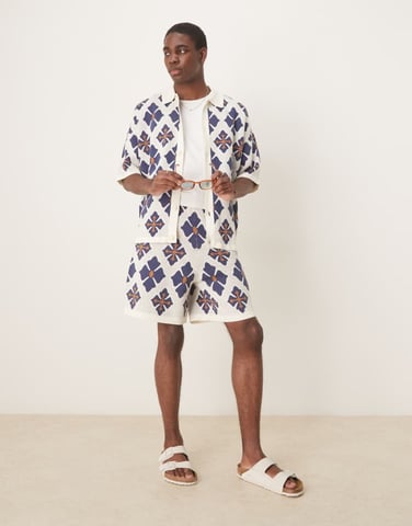 ASOS DESIGN oversized knitted shorts co-ord with aztec pattern in blue