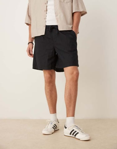 ASOS DESIGN wide linen blend shorts in black