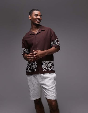 Topman relaxed fit textured button through jersey shirt with geo cord embroidery in brown