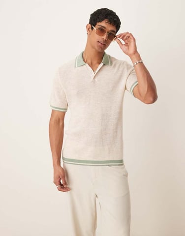 ASOS DESIGN boxy polo with tipping in ecru