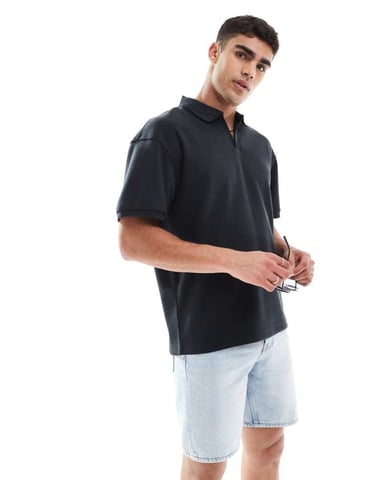 ONLY & SONS oversized split neck polo i svart