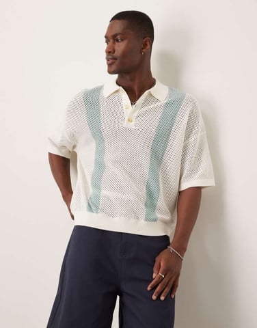 ASOS DESIGN oversized airtex textured knitted polo in ecru with blue stripes