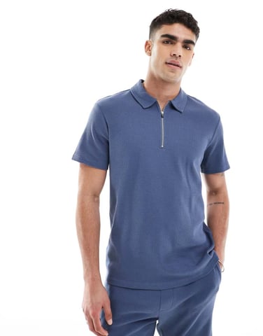 ONLY & SONS texture half zip polo co-ord in indigo blue
