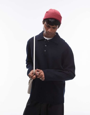 ARKET boiled wool jumper with button polo collar in blue