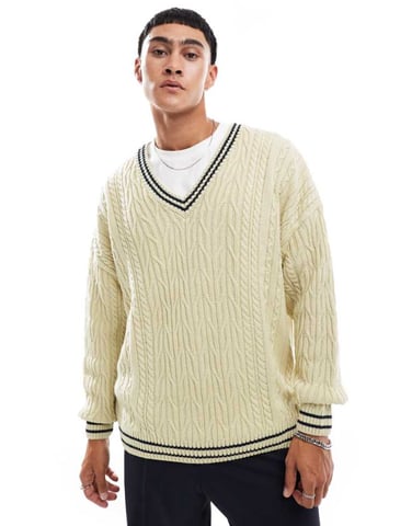 ASOS DESIGN oversized cable knitted cricket jumper in cream with navy tipping