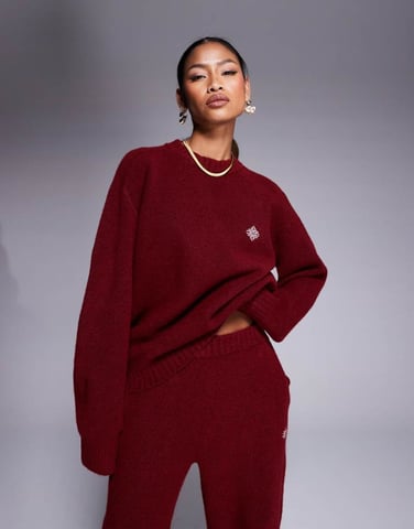 Couture Club koord oversized fluffig stickad tröja i burgundy