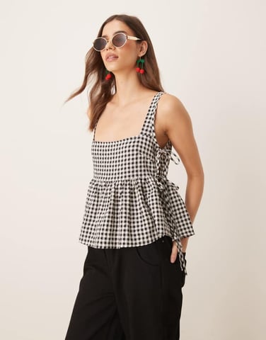 ASOS DESIGN tie side babydoll tank top in mono gingham