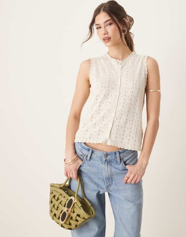ASOS DESIGN knitted pointelle tank in ecru