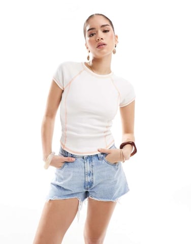 Monki shrunken slim fit tee in white and orange contrast stitching